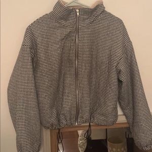 Zara Houndstooth Winter Coat with Sherpa Lining and Drawstring Waist